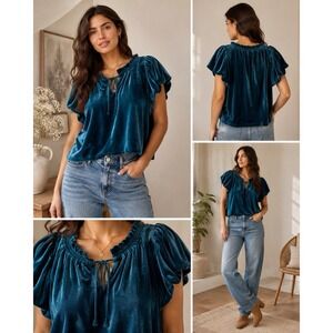 FREE PEOPLE Small Terese Teal Velvet Smocked Peasant Top Front Tie Puff Sleeve
